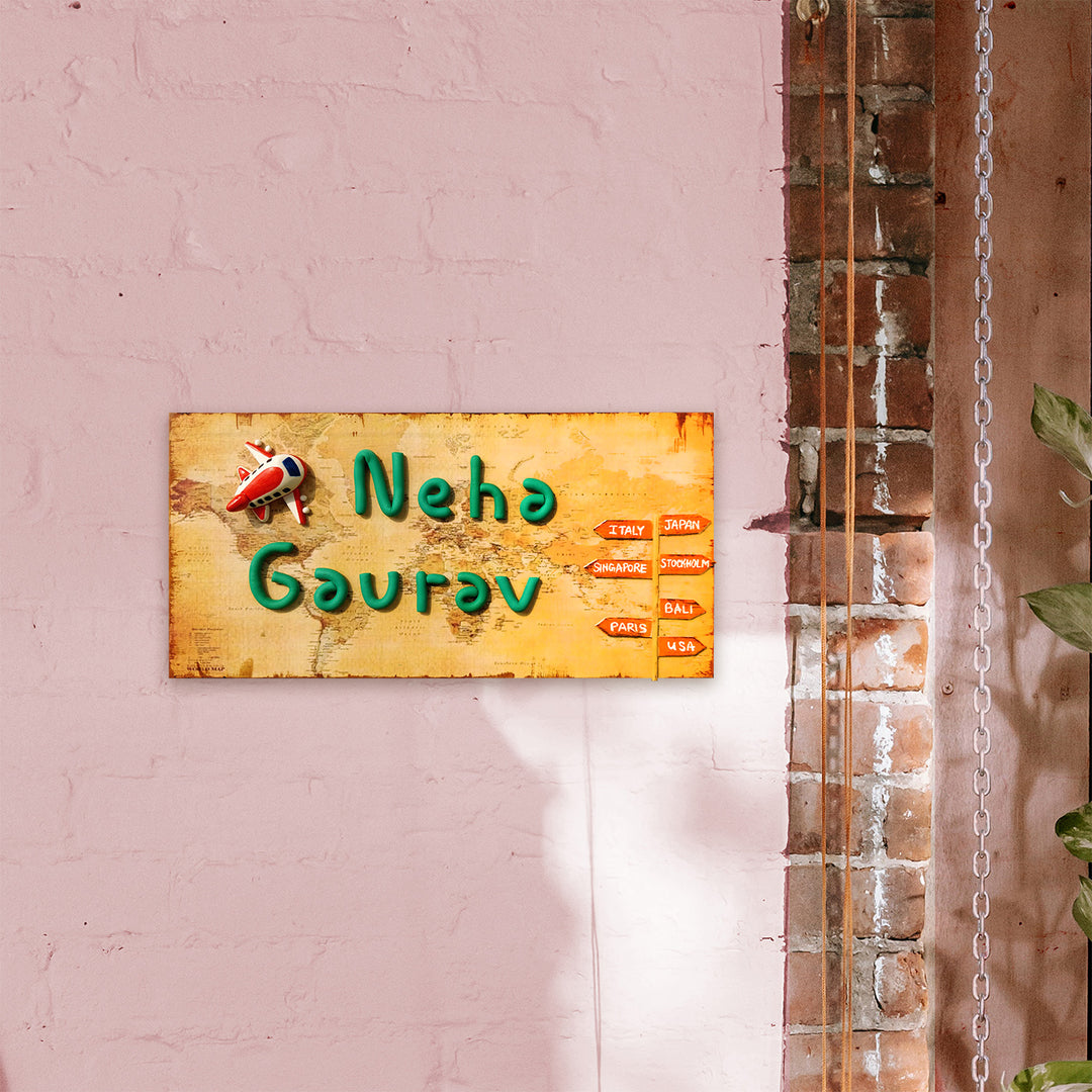 Handcrafted Personalized Clay Caricature Name Plate For Couples - Mounted on Wall Showing Personalization