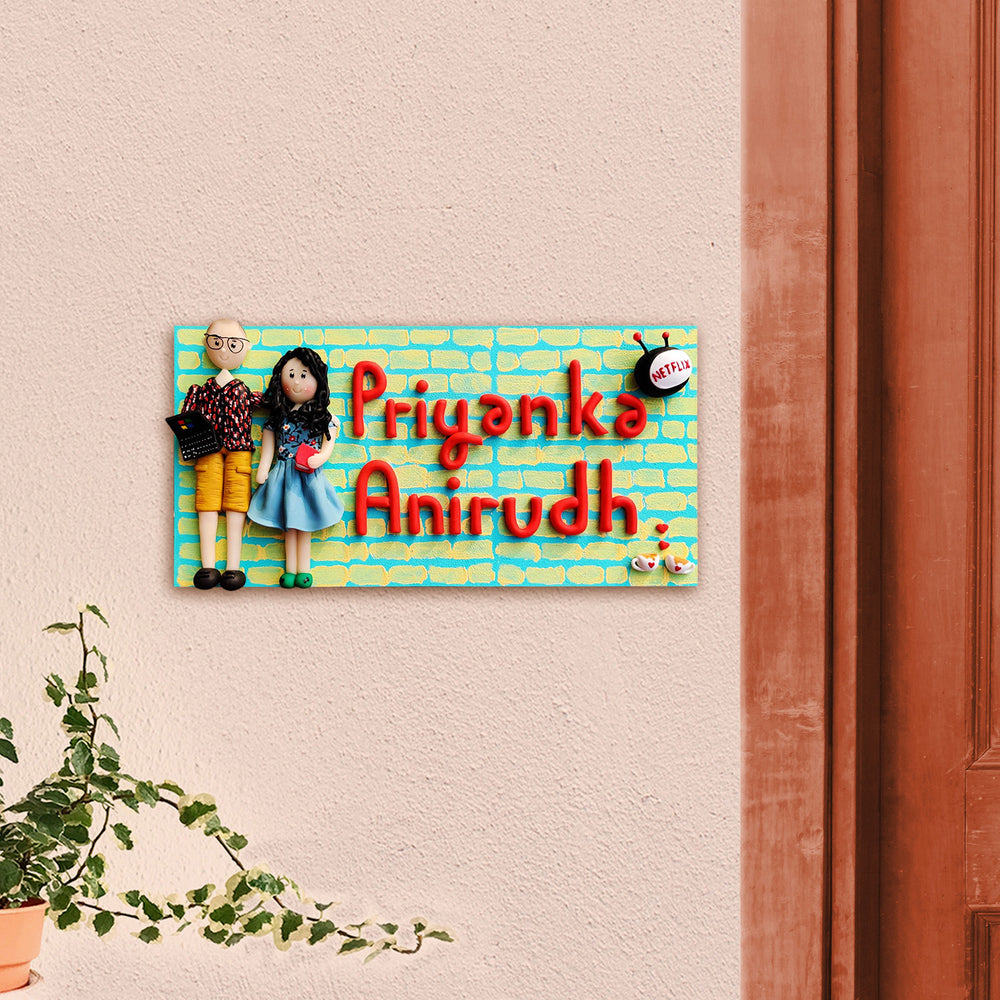 Handcrafted Personalized Clay Caricature Couple Name Plate - Mounted on Entryway Wall