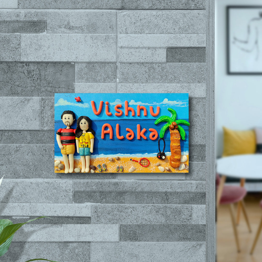 Handcrafted Personalized Clay Caricature Name Plate For Couples 1 - Mounted on Wall in Room Setting