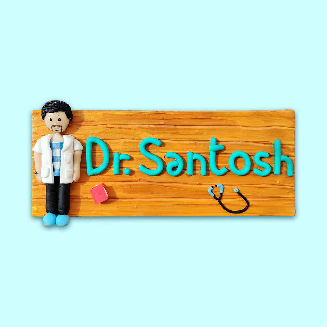 Handcrafted Personalized Clay Caricature Desk Name Plate For Doctors - Front View with Name Personalization