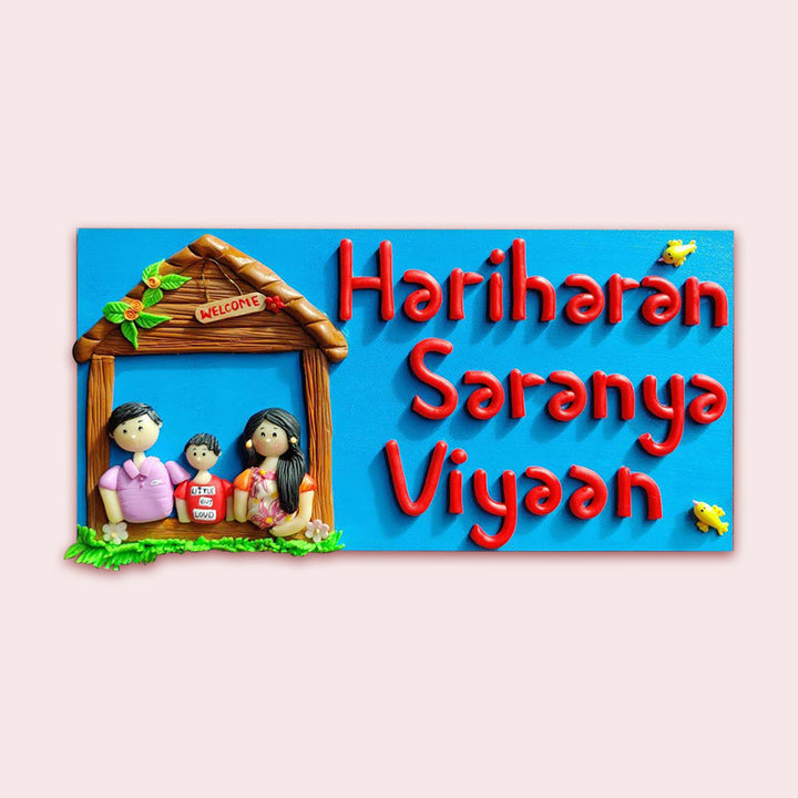 Handcrafted Personalized Clay Caricature Family Name Plate - Front View with Name Personalization