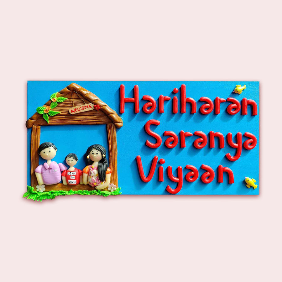 Handcrafted Personalized Clay Caricature Family Name Plate - Front View with Name Personalization