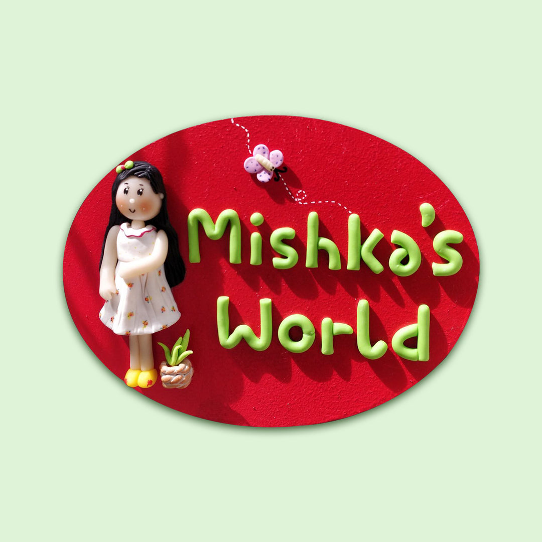 Handcrafted Personalized Clay Caricature Name Plate For Girls - Front View with Name Personalization