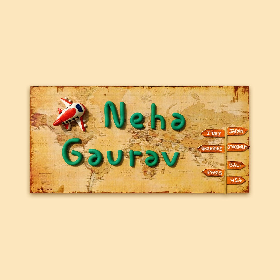 Handcrafted Personalized Clay Caricature Name Plate For Couples - Front View with Name Personalization