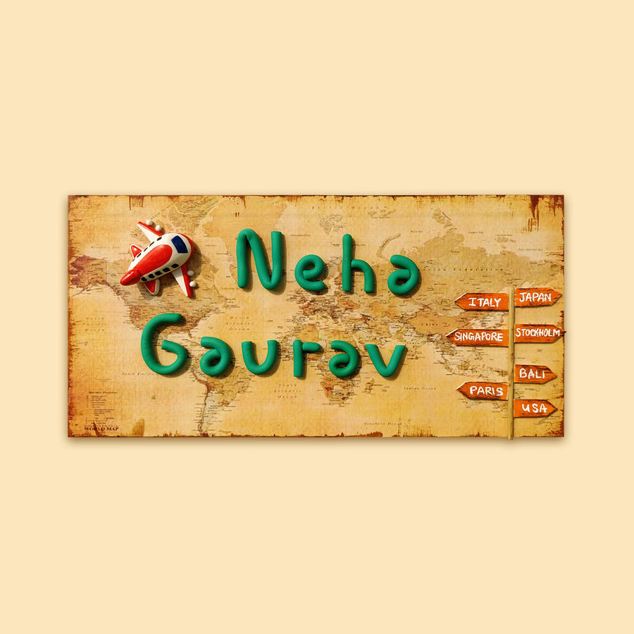 Handcrafted Personalized Clay Caricature Name Plate For Couples - Front View with Name Personalization