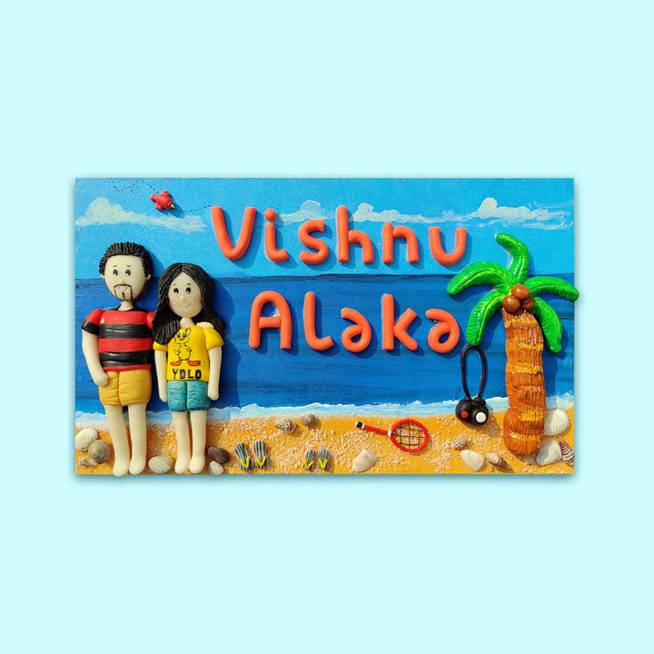 Handcrafted Personalized Clay Caricature Name Plate For Couples 1 - Front View with Name Personalization