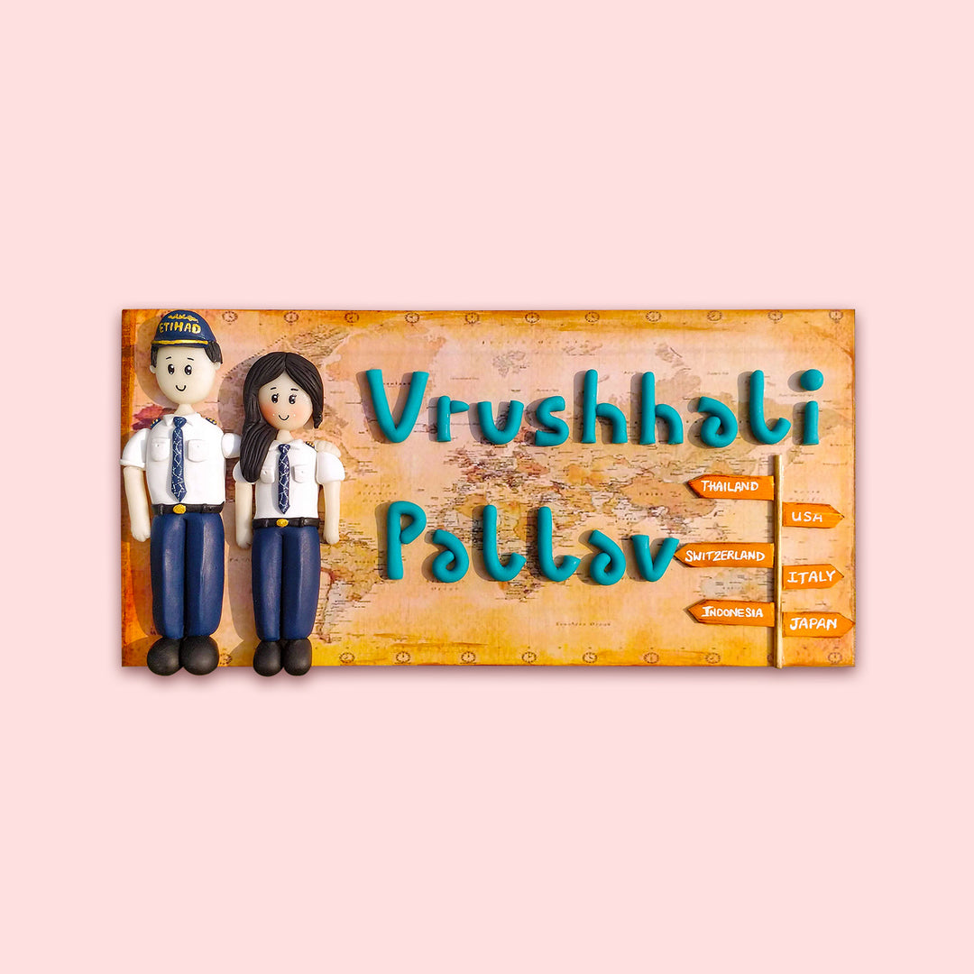 Handcrafted Personalized Clay Caricature Name Plate For Pilot Couples - Front View with Names and Figures