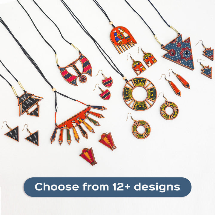 Handcrafted Wood & Fabric Tribal Earrings