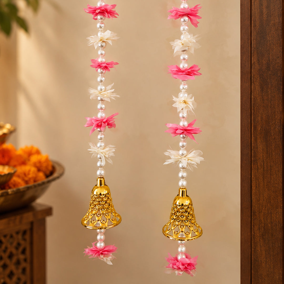 2 Pc | Handmade White & Pink Mogra Flower Pearl Hangings With Bells