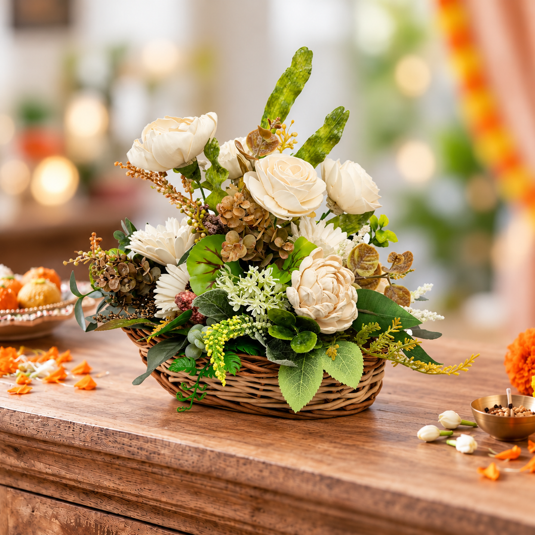 Handmade White Elegance Basket Shola Flower Centerpiece