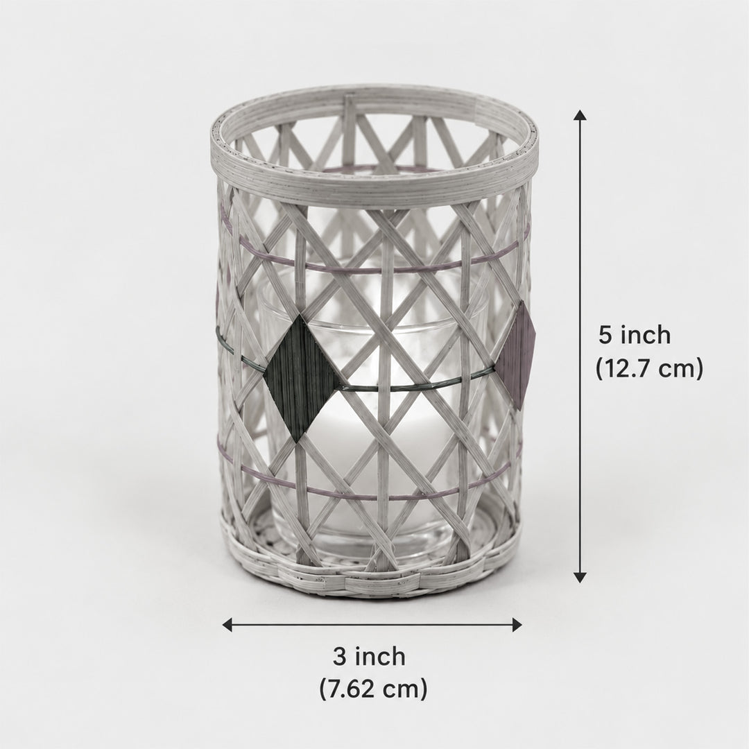Handwoven Charles Bamboo Cylindrical Tealight Holder with Glass Candle