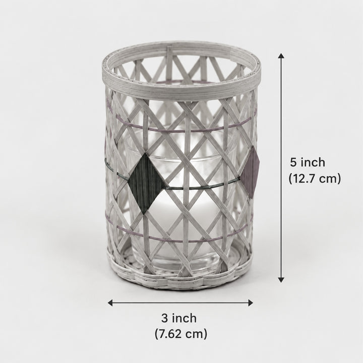 Handwoven Charles Bamboo Cylindrical Tealight Holder with Glass Candle