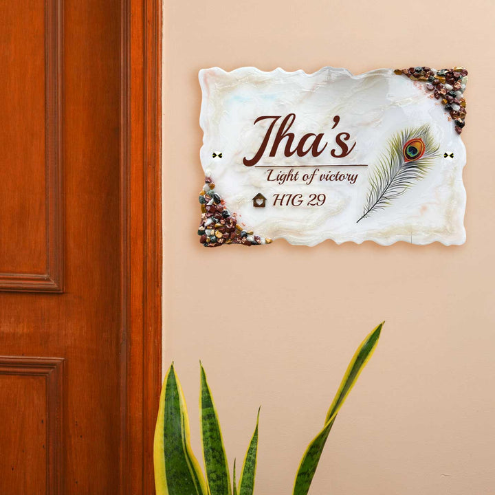 Personalized White Floral Theme Wavy Rectangle Resin And Acrylic Waterproof Name Plate - Mounted on Entryway Wall