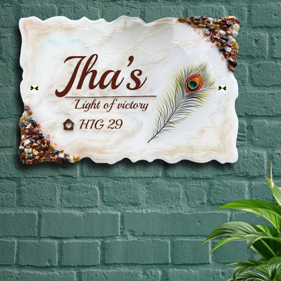 Personalized White Floral Theme Wavy Rectangle Resin And Acrylic Waterproof Name Plate - Mounted on Brick Wall Front View