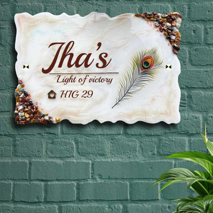 Personalized White Floral Theme Wavy Rectangle Resin And Acrylic Waterproof Name Plate - Mounted on Brick Wall Front View