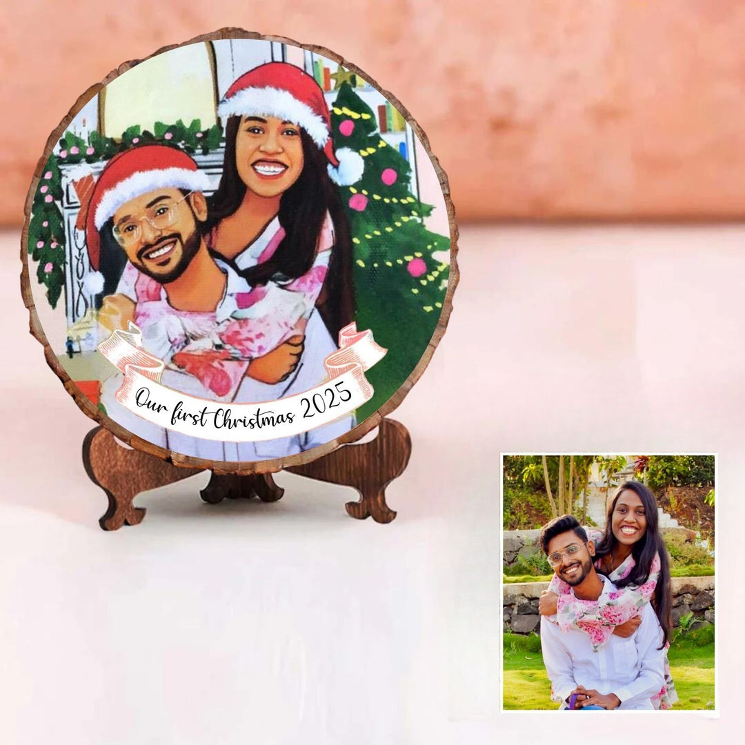 Photo Caricature Bark Nameplate With Stand For Christmas - Photo to Personalized Wood Plaque Example