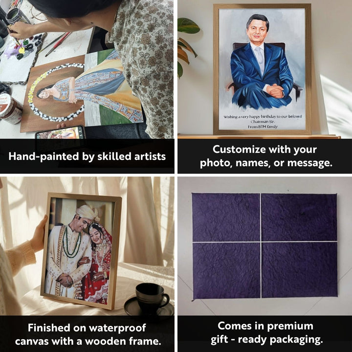 Photo Personalized Glow in the Dark Hand Illustrated Portrait With Premium Wooden Frame