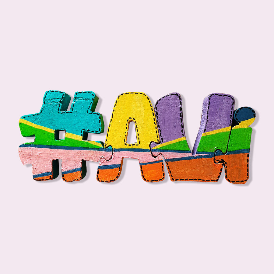 Hand Painted Interlockable Zip Themed Wooden Self Standing Name Plate - Top View with Puzzle Outline