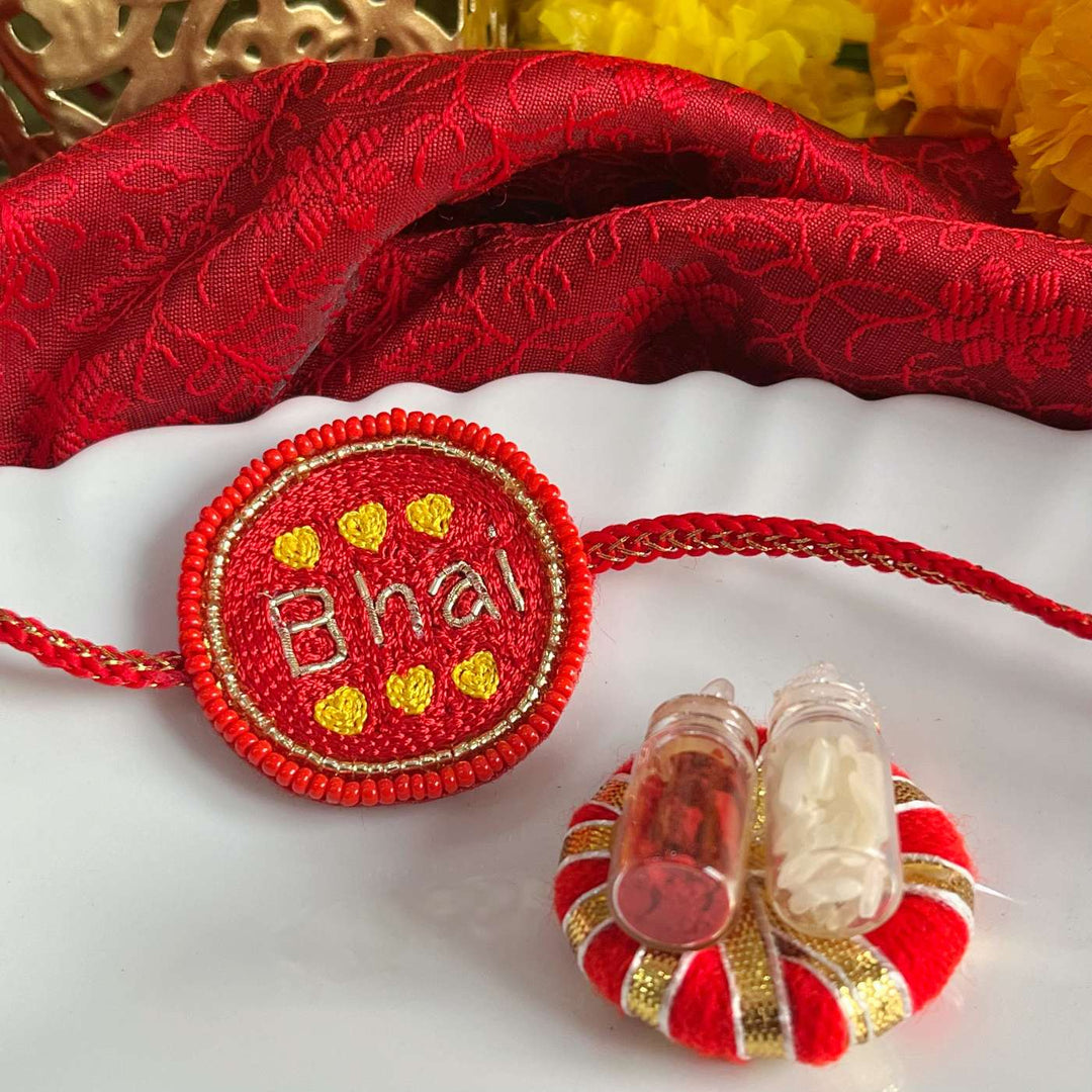Handmade Beaded Bhai Rakhi With Roli Chawal 1 - Styled product with festive items