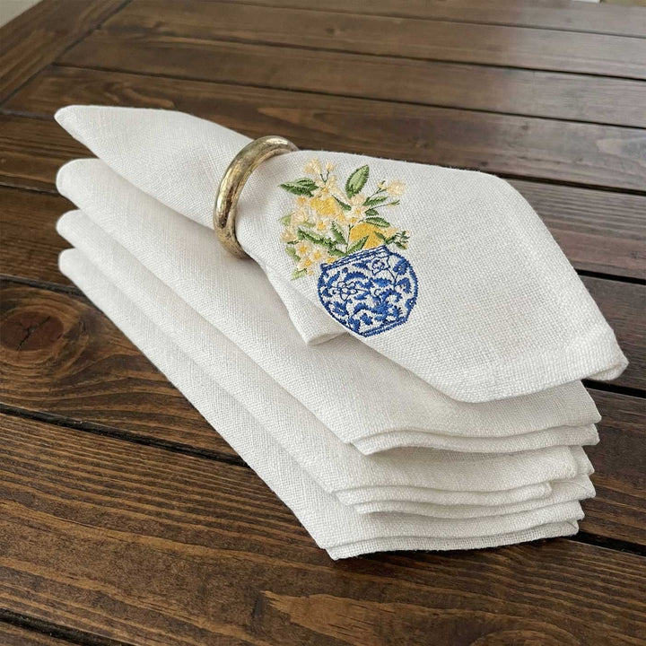 4 Pc | Embroidered White & Blue Pottery Cotton Napkin