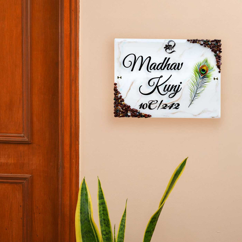 Personalized White And Brown Feather Theme Resin And Acrylic Waterproof Name Plate - Mounted on Entryway Wall