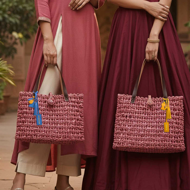 Handmade Grass Woven Leather Strap Box Shaped Pink Sabai Mesh Tote Bag