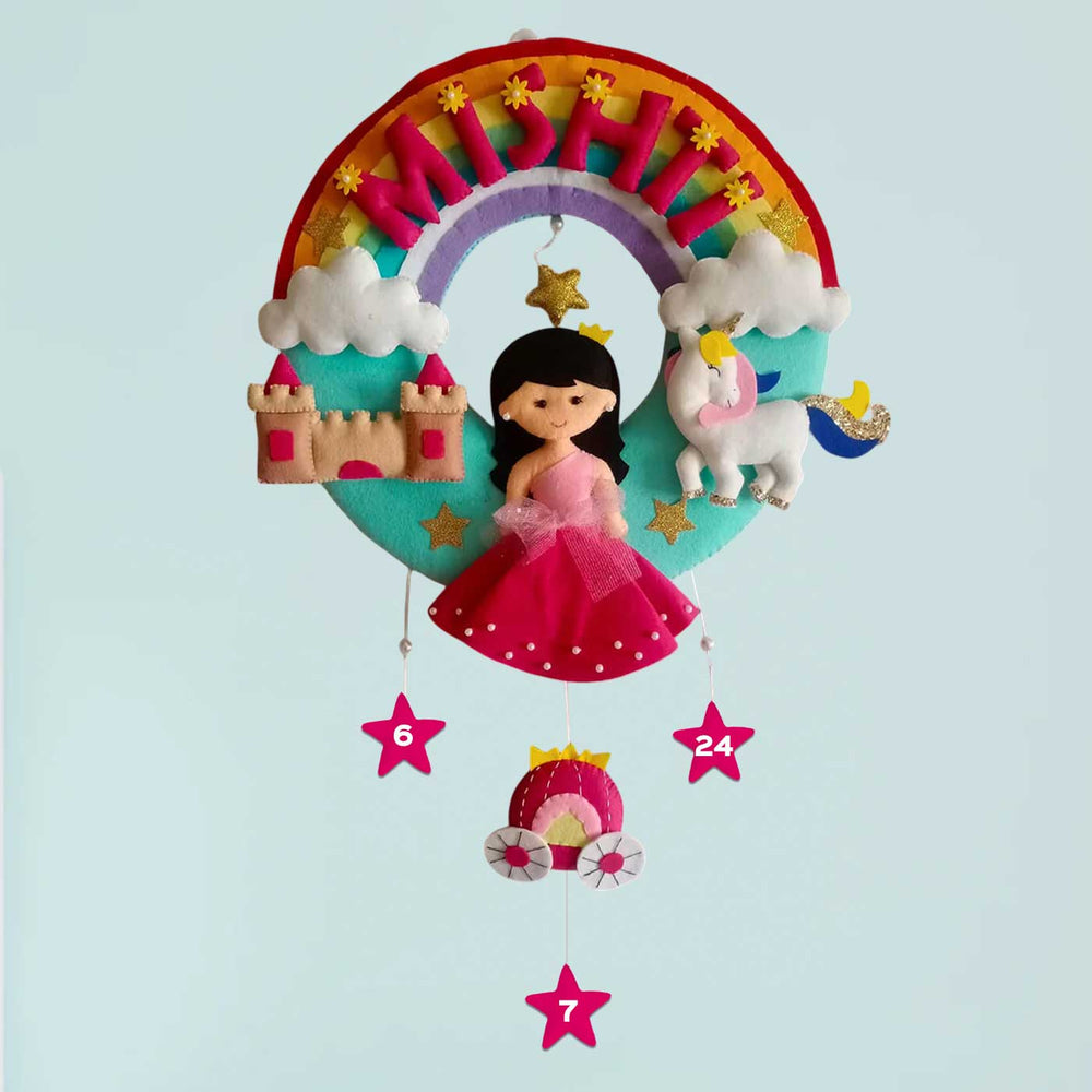 Hand Stitched Felt Wall Hanging For Girls Princess With Rainbow - Hanging Front View with Name Personalization