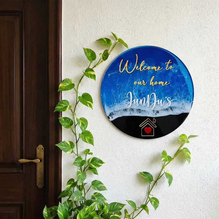 Dark Blue Personalized Ocean Effect Round Resin Name Plate | With 3D Acrylic Letters & House Symbol