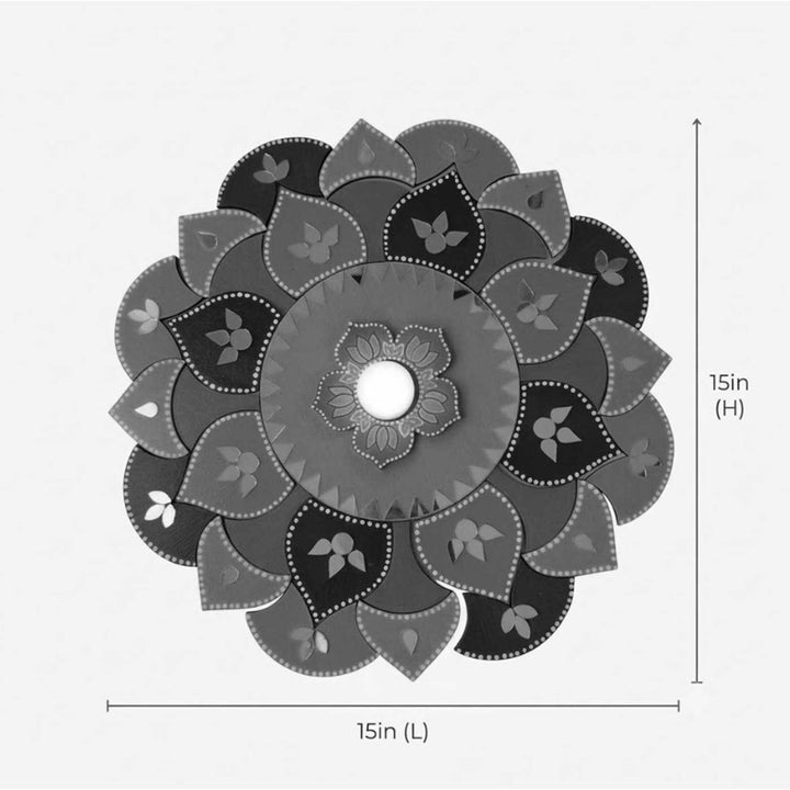 15 Inch | Reusable Gulabi Pushpa Mirror Work Floral Mandala MDF Rangoli with Optional Tealight Holders