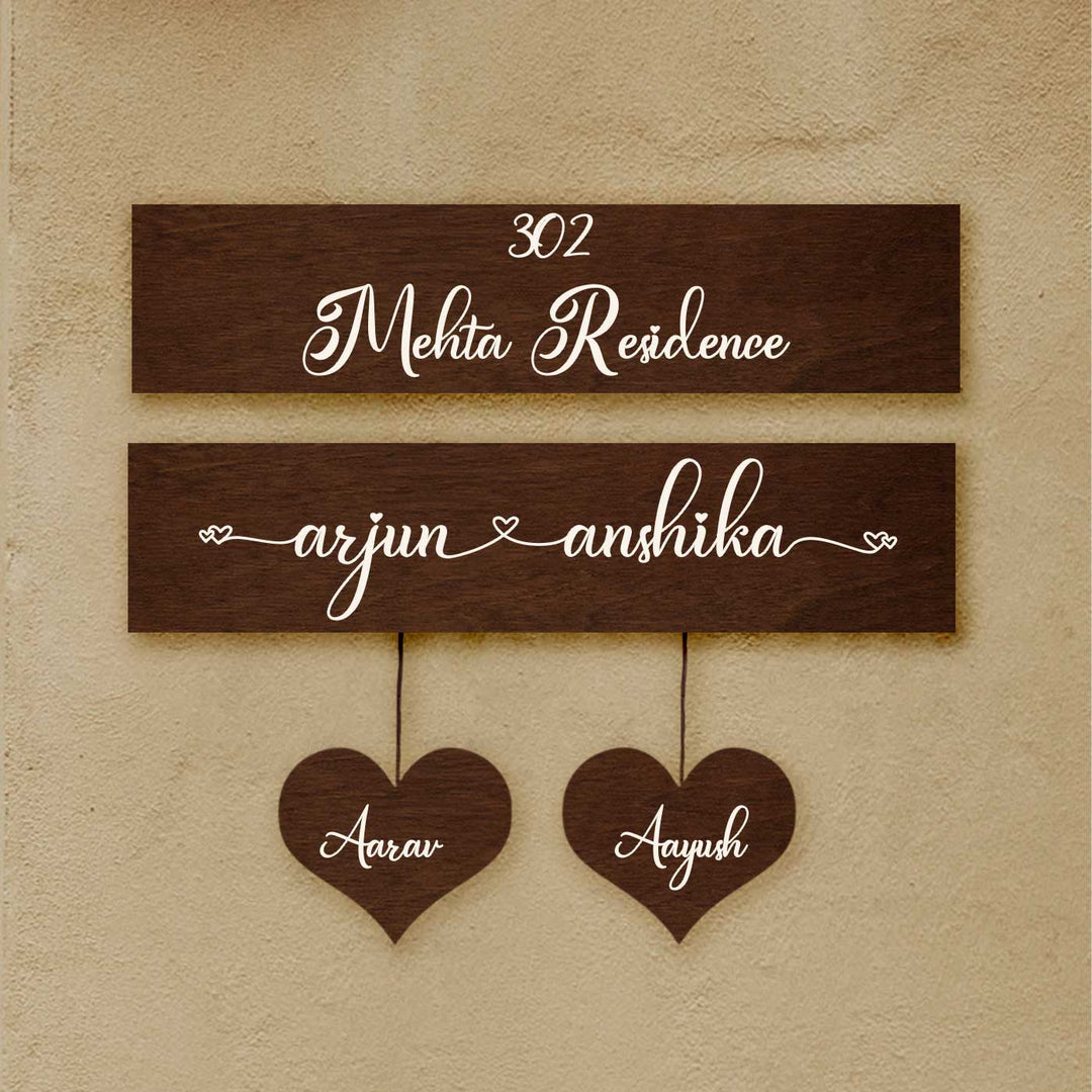 Minimalist 3D Name Plate For Couples 1 - Mounted on Wall with Hanging Hearts
