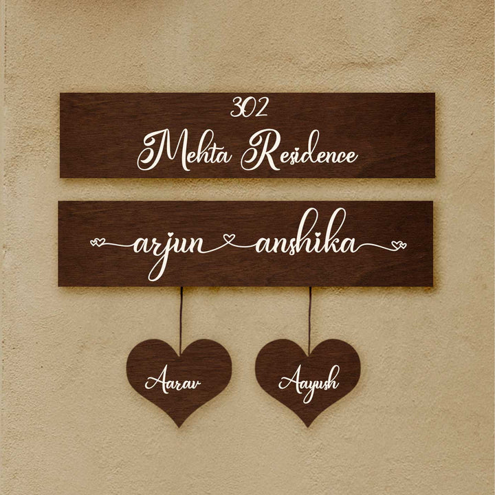 Minimalist 3D Name Plate For Couples 1 - Mounted on Wall with Hanging Hearts