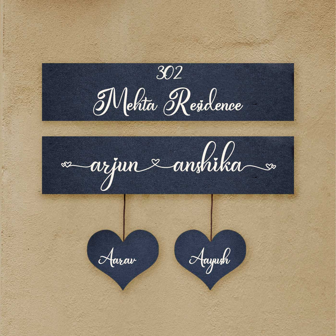 Minimalist 3D Nameplate For Couples With House Number Copy - Mounted Wall Sign with Hanging Hearts