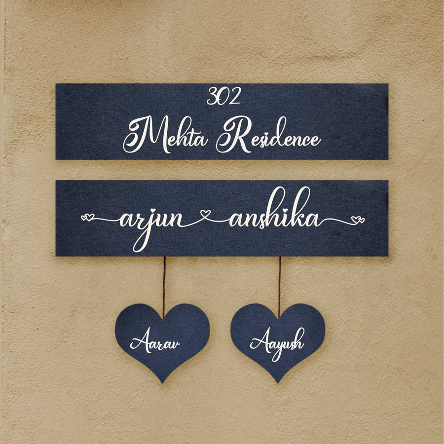Minimalist 3D Nameplate For Couples With House Number Copy - Mounted Wall Sign with Hanging Hearts