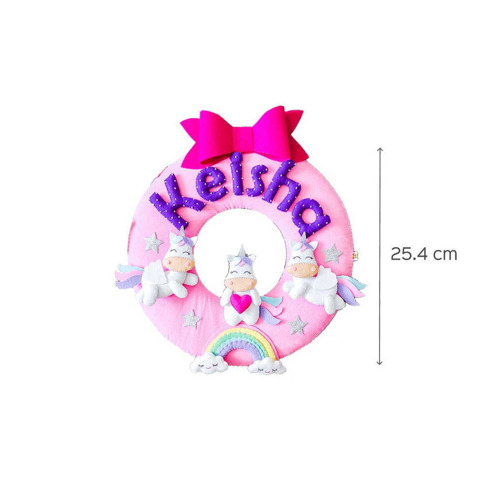Hand Stitched Unicorn Themed Felt Name Hanging For Girls - Front View with Dimension Chart