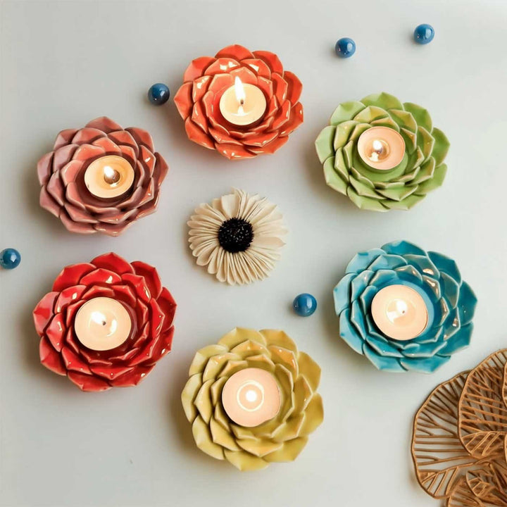 Set of 4 | Handmade Phoolrani Ceramic Tealight Holder