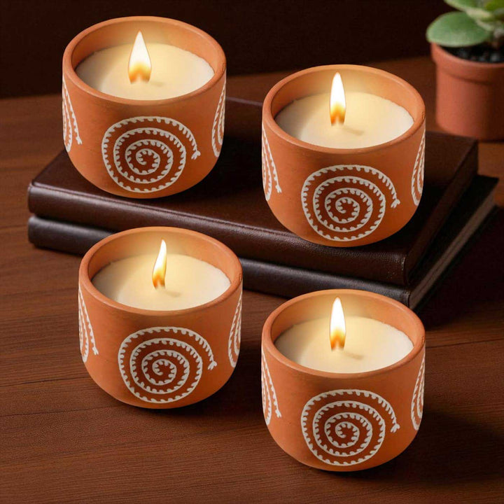 Set of 4 | Hand-Painted Eternal Spiral Terracotta Soy Wax Candle