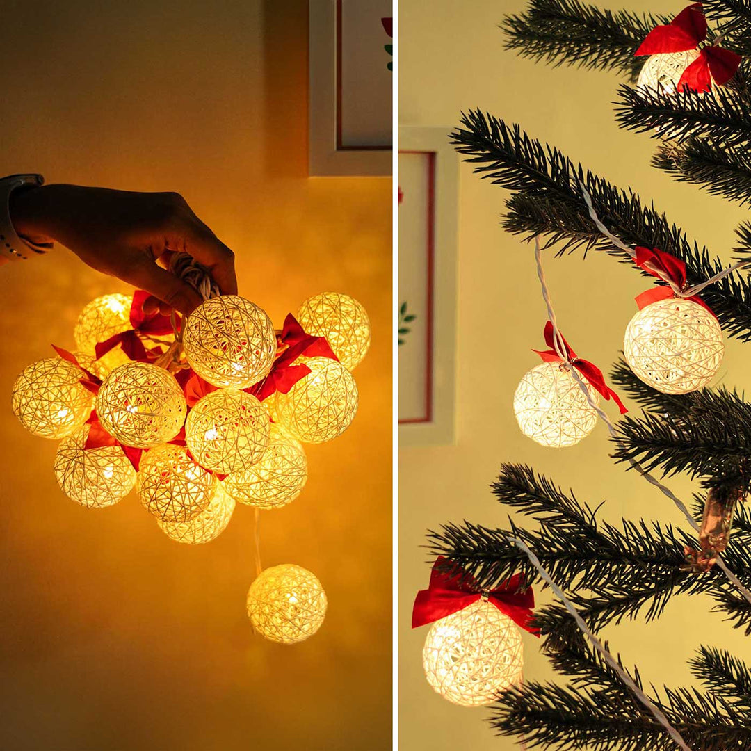 3m, 20 Bulbs | Handcrafted Yarn Spherical LED Fairy Lights With Bow - White
