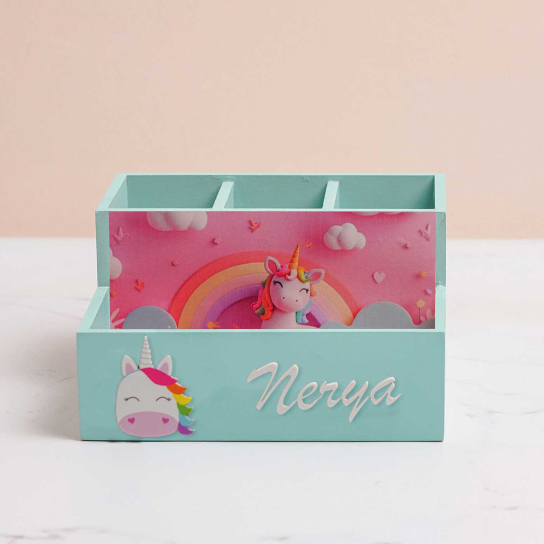 Personalized Unicorn Theme Mdf Wood Stationery Organizer For Kids