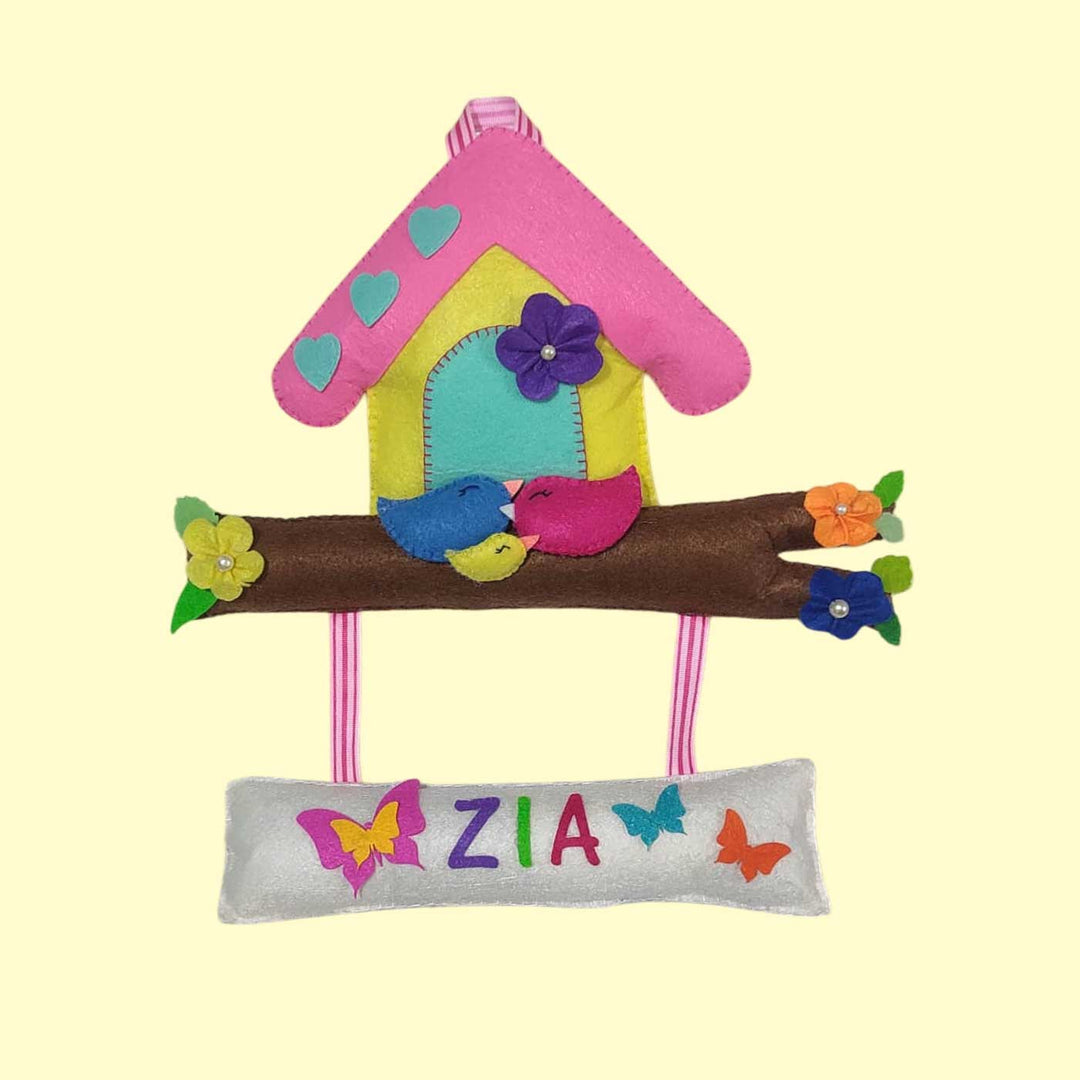 Personalized Handmade Tree House Felt Name Plate - Front View with Name Personalization