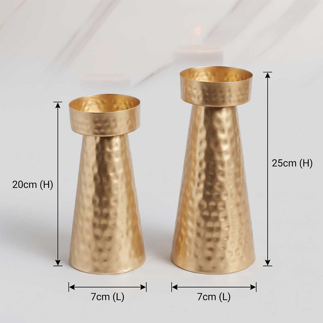 Set of 2 | Handmade Gold Hammered Cone Metal Tealight Holders For Festive Decor