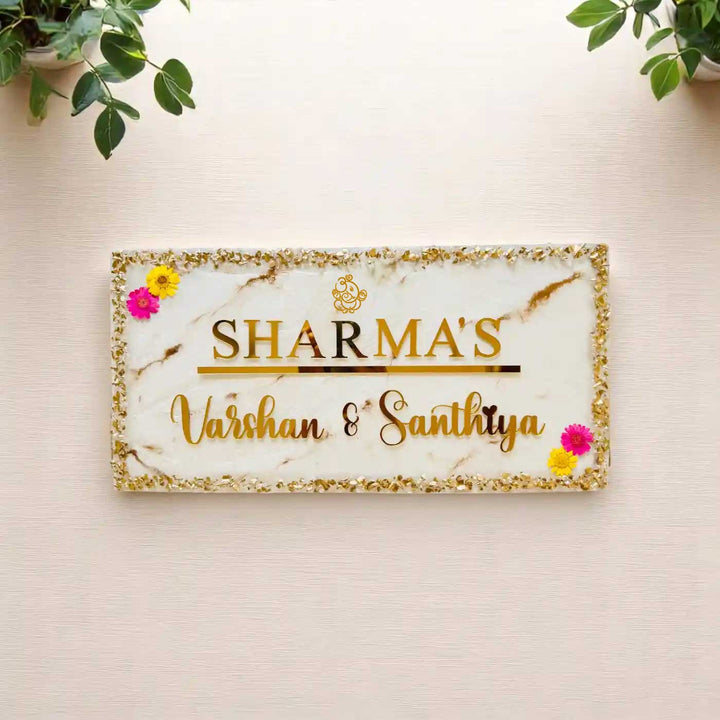 White & Gold Personalized Marble Effect Rectangle Resin Name Plate | With 3D Acrylic Letters, Gold Stone Embellishment & Natural Flowers