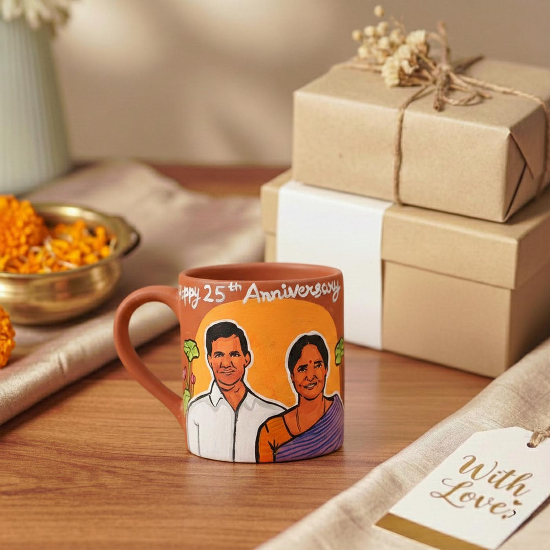 Anniversary Couple Photo Personalized Handpainted Terracotta Mug | 280 Ml