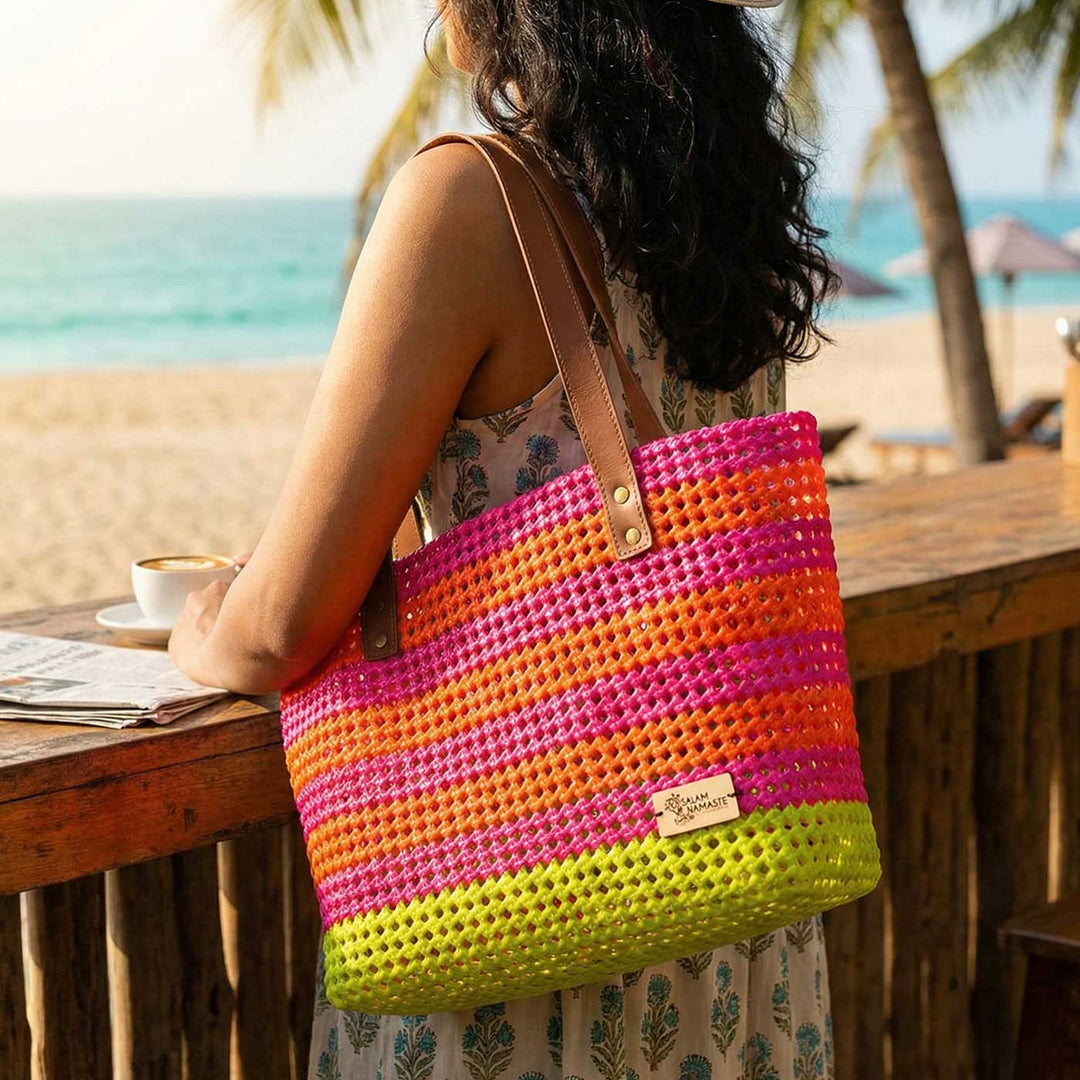 Pink With Green Bottom Mukhya Knot Handmade Koodai Beach Bag