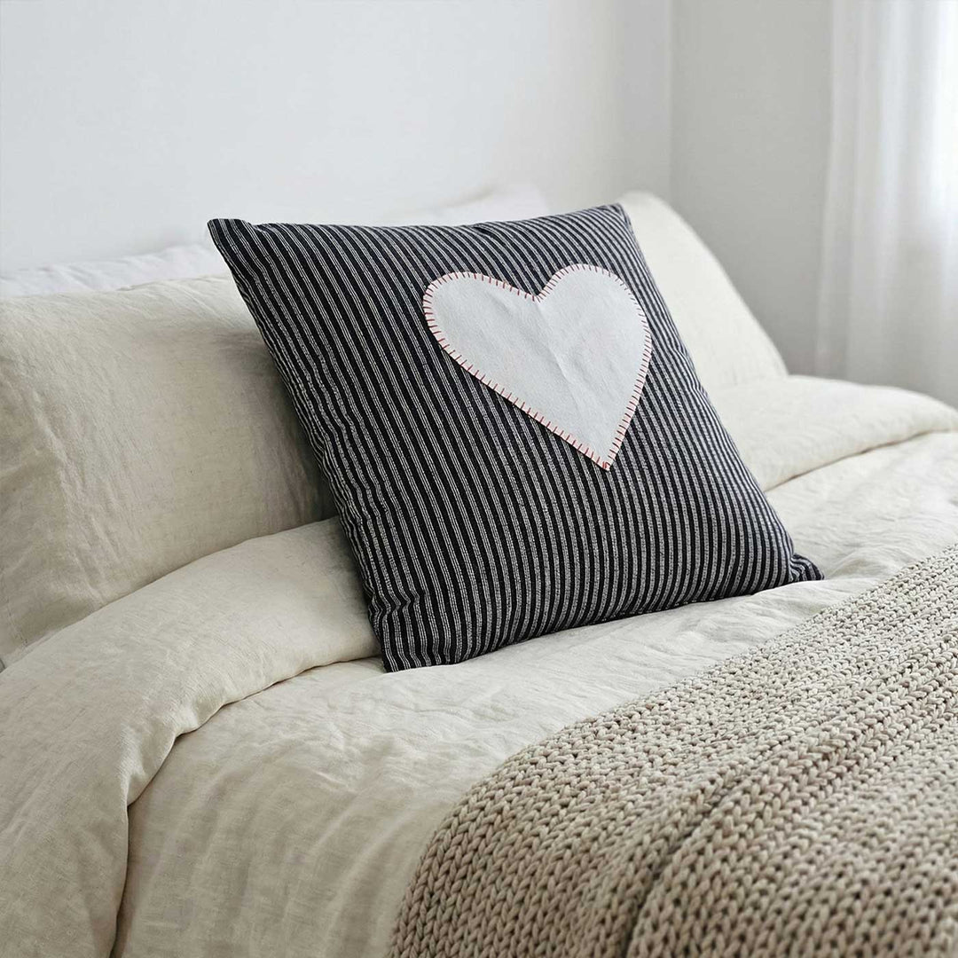 Black & White Striped Heart Motif Cotton Cushion Cover