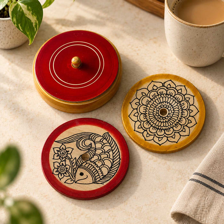 Set Of 4 | Hand-Painted Channapatna Wooden Coasters With Base Stand For Coffee Table & Home Hosting