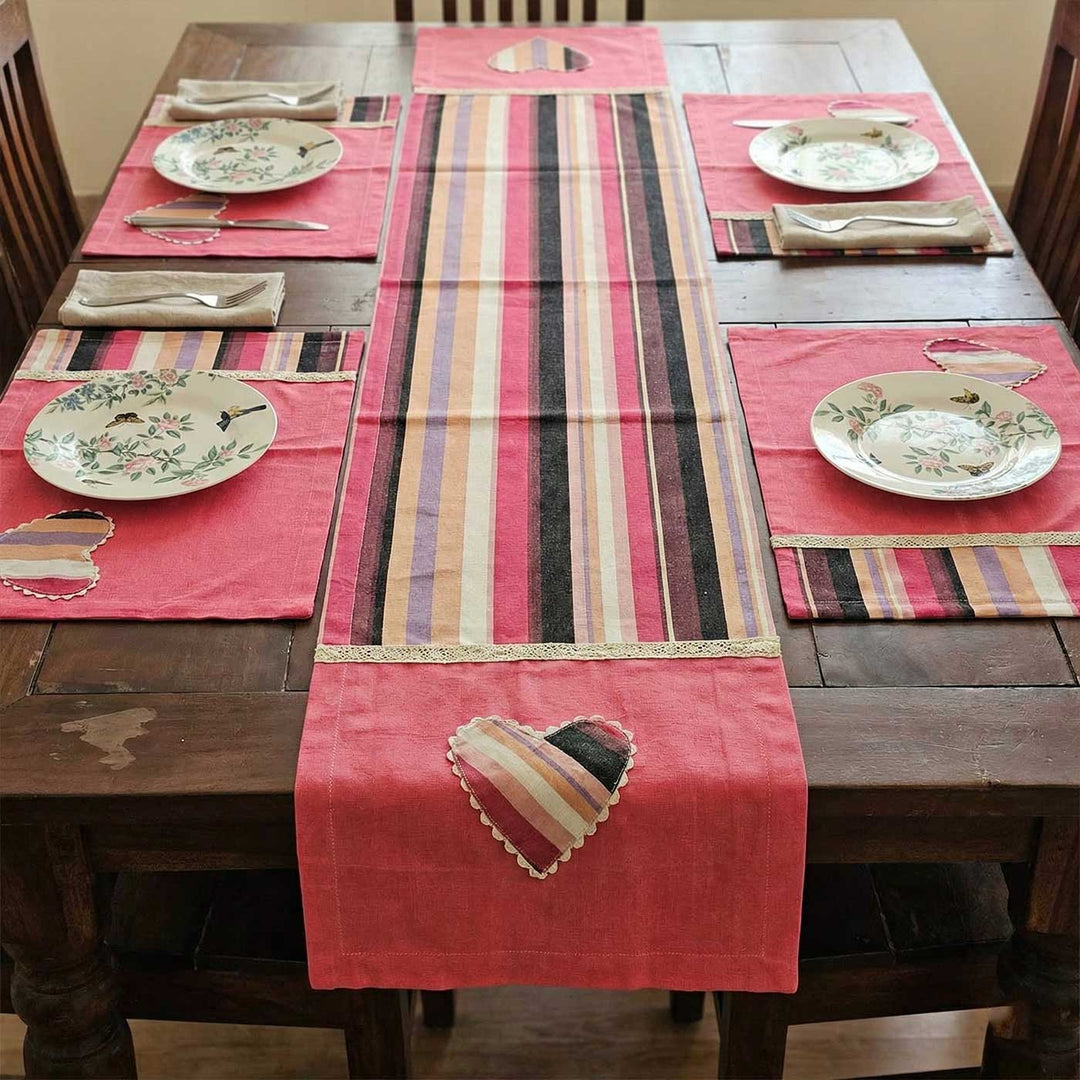 Striped Heart Motif Pink Cotton Table Runner