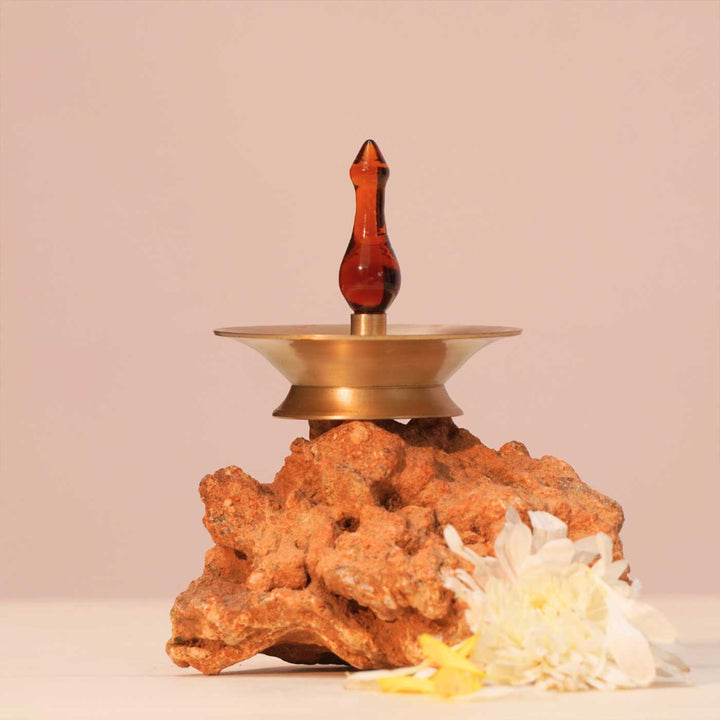 Handmade Borosilicate Nilavilakku Glass And Brass 5-Wick Oil Lamp For Pooja Decor | Short
