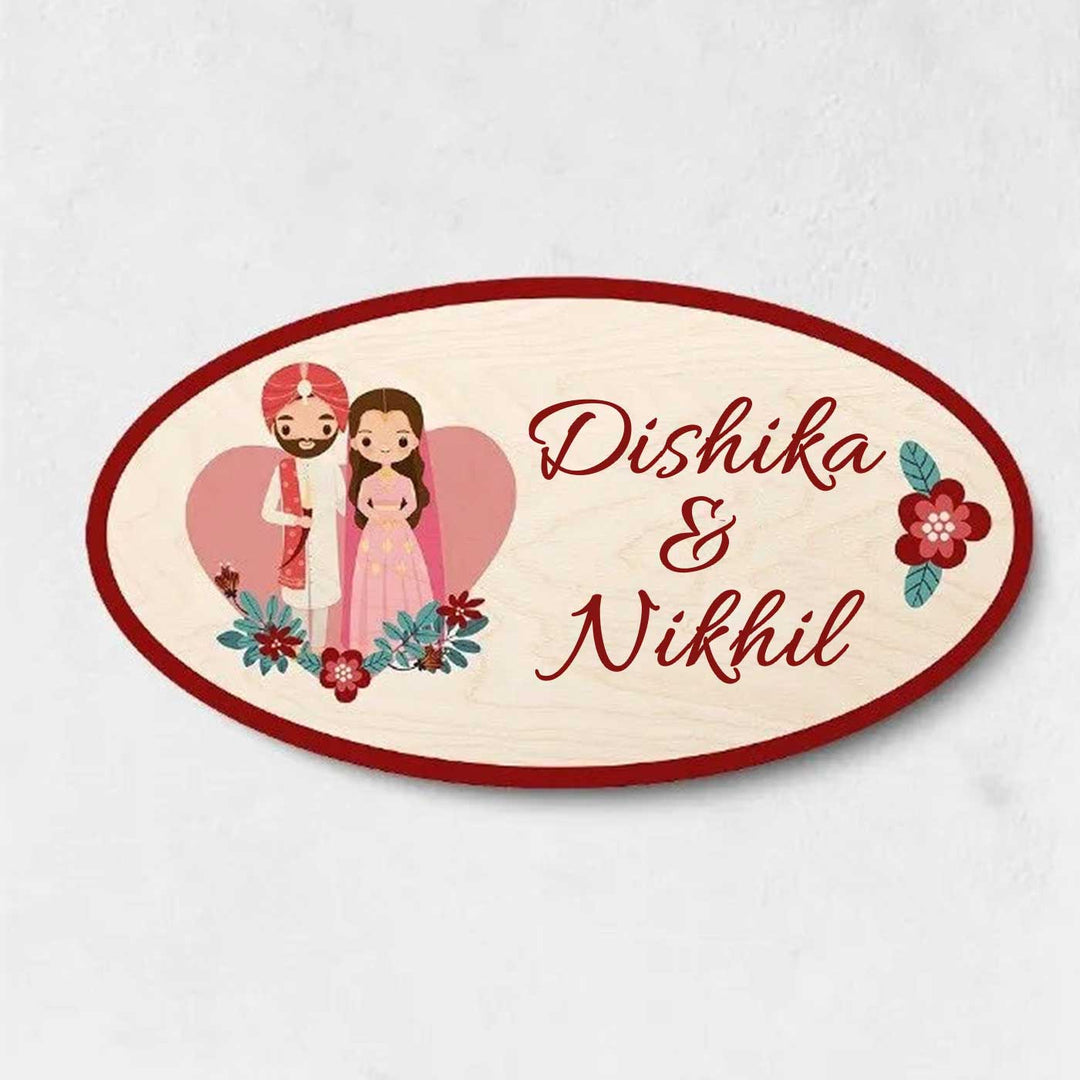 Printed Wooden Oval Sikh Couple Nameplate For Couples - Name Personalization Example