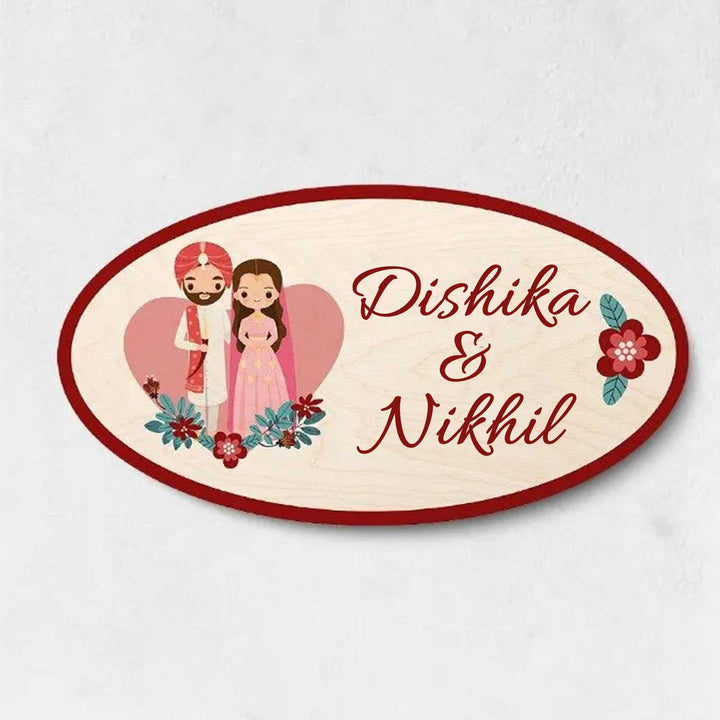 Printed Wooden Oval Sikh Couple Nameplate For Couples - Name Personalization Example
