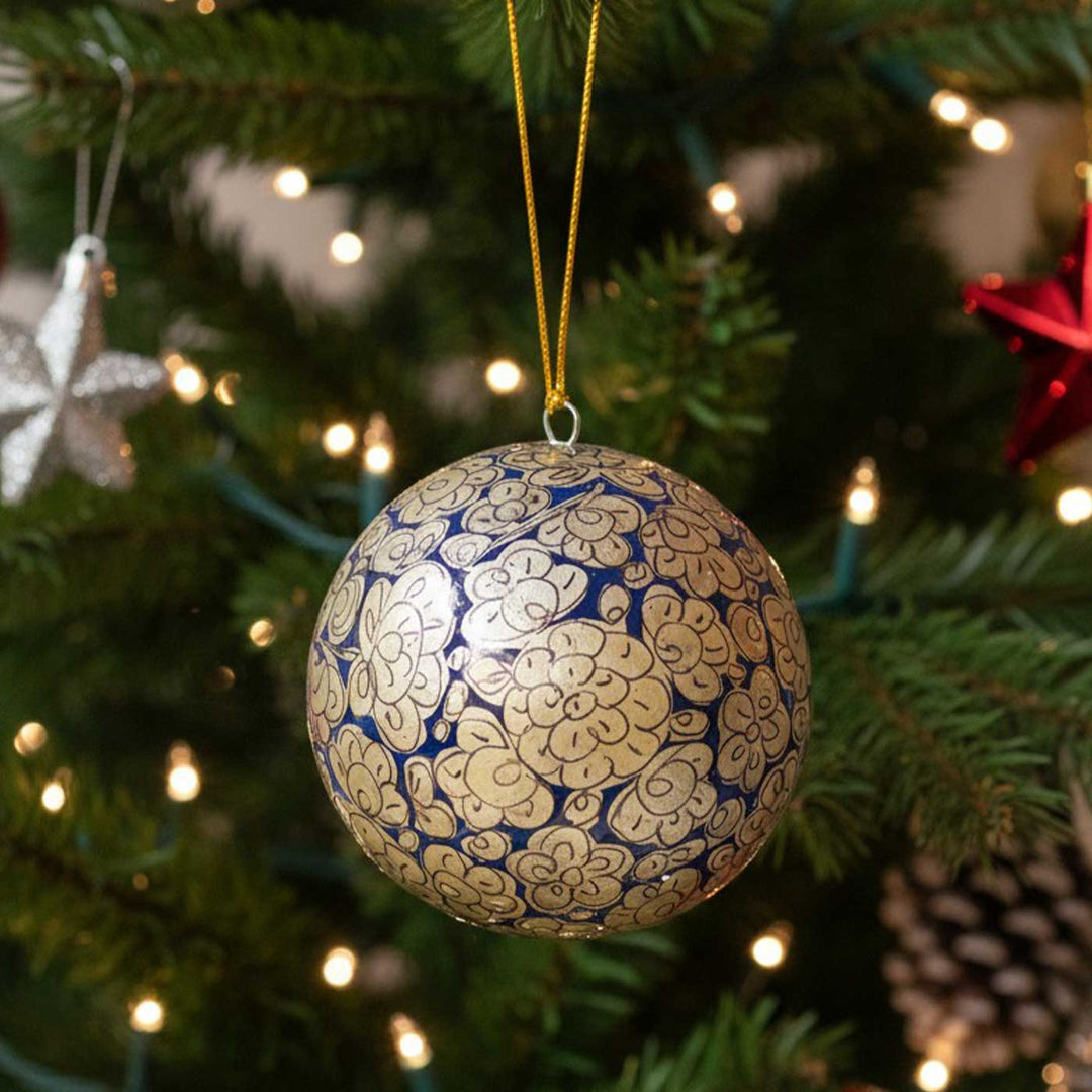Blue & Silver Handmade Kashmiri Paper Mache Christmas Ball Ornament For Tree Decor